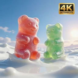side view of a couple oversized huge ( gummi bears ) that float in wavy white vitamin d milk. a milk planet. blue sky morning sun on horizon. digital art, octane render, cgsociety award winner, ue 5, 4 k, dramatic lighting, subsurface scatter, hdr, hq.