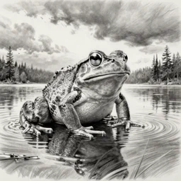 giant frog in the lake, panoramic, pencil drawing