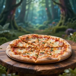 5 5 mm photo of a pile of freshly baked pizza on a wooden table in a magical forest. dof. bokeh. magical atmosphere. art by greg rutkowski. highly detailed 8 k. intricate. lifelike. soft light. nikon d 8 5 0.