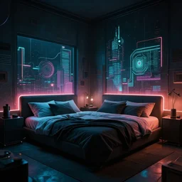 cyberpunk bedroom at night, digital art, highly detailed, epic composition, cinematic lighting