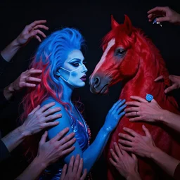 zeiss lens photograph ryan mcginley only with blue drag queen in love with a red stallion too many hands in all directions doctors mask in the style of gottfried helnwein chiaroscuro intricate composition blue light by caravaggio insanely quality highly detailed masterpiece red light