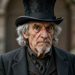 an old male halfling with grey hair and black eyes wearing a suit and top hat, D&D, high detail, trending on artstation, 4k photorealistic, volumetric lighting, HD
