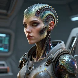 epic professional digital art of female starship mechanic, short neck,, covered in reptilian scales, by leesha hannigan, iris van herpen, artstation, cgsociety, wlop, epic, much wow, much detail, gorgeous, detailed, masterpiece