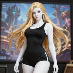 pinup poster of Reinhardt Overwatch by Sakimichan, porcelain white skin, tight black tank top and shorts, voluptuous male, long luxurious light blond hair, long fluffy blond hair, league of legends splash screen, hyper detailed background, 4K, artstation