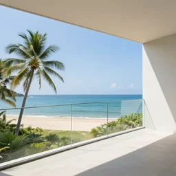 zen minimalist modern balcony overlooking the tropical beach and sea