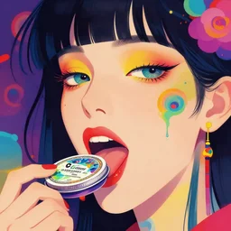 a colorful vibrant closeup portrait of a cyberpunk licking a tab of LSD acid on his tongue and dreaming psychedelic hallucinations, by kawase hasui, moebius, Edward Hopper and James Gilleard, Zdzislaw Beksinski, Steven Outram colorful flat surreal design, hd, 8k, artstation