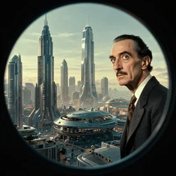 A futuristic city from Blade Runner 2049, film still from the movie directed by Denis Villeneuve with art direction by Salvador Dalí, wide lens