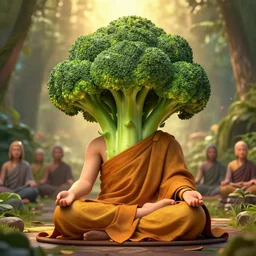detailed photo of meditating broccoli monk, beautiful, 8 k, by tristan eaton, stanley artgermm, tom bagshaw, greg rutkowski, carne griffiths, trending on deviantart, hyper detailed, glorious lighting, epic environment