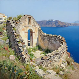 overgrown ruins of santorini, painting by ashley wood
