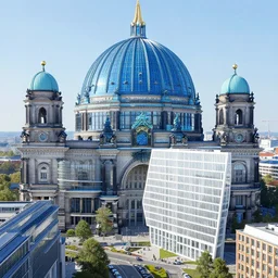 futuristic berlin with blue glass domes and white glass building, architects projects, hyperdetailed, artstation, cgsociety, 8 k