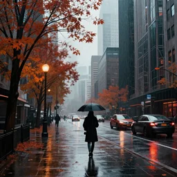 rainy autumn day in the city in the style of cyberpunk noir art deco