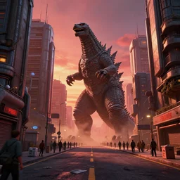 tall dieselpunk buildings on a long street, a giant godzilla monster surrounded by people, newpaper boxes, dust red sun set light, dslr, hdr, octane render, 3 d shading, cgsociety, horde 3 d, volumetric lighting, ray tracing, 3 dexcite, zbrush