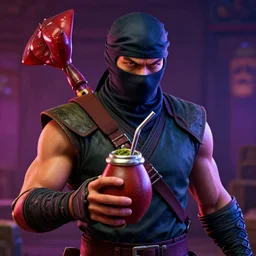 portrait of ninja scorpion of mortal kombat video game holding a yerba mate gourd with metal straw, dramatic ambient lighting, high detail, vibrant colors