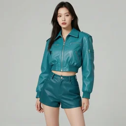 Full body of Korean female wearing futuristic short teal leather jacket and 1980s shorts, expressive pose, intricate, elegant, highly detailed, digital painting, artstation, concept art, smooth, sharp focus, illustration, art by artgerm and greg rutkowski and alphonse mucha