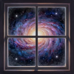 symmetry!! seen through a window, galaxy, courful illustration, by petros afshar