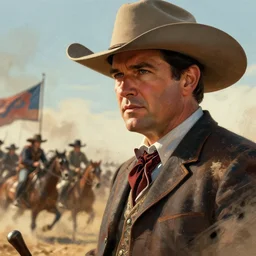 cinematic close up artwork of ted cruz in a cowboy commanding an army of rough riders into battle by greg rutowski, 4 k, masterpiece
