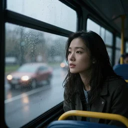 Cinematic portrait photo of a woman looking through the window of a bus on a rainy day, long exposure