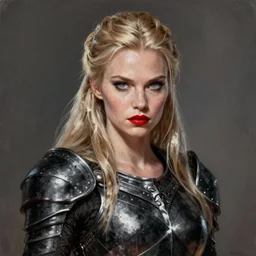 artistic portrait of a confident and severe looking northern blond valkyrie with beautiful blue eyes and red lips, perfect fit body in black armor, art by artgerm and greg rutkowski and magali villeneuve, highly detailed, digital painting, trending on artstation, concept art, sharp focus, illustration, masterpiece