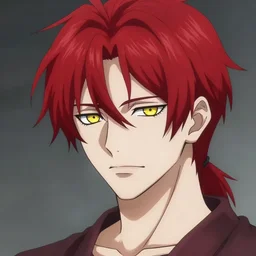 portrait of hisoka hunter hunter, male, pale thin lips, sharp jaw yellow eyes narrow sultry eyes red hair soft hair swept back crimson medium length hair, anime, fantasy, intricate, elegant, highly detailed, digital painting, artstation sharp focus, hunterpedia madonna art by artgerm and ruan jia and ross tran