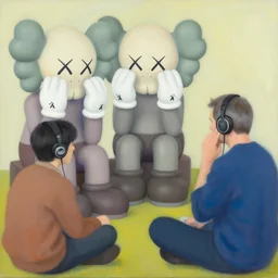 men listening to music by shusei nagaoka, kaws, david rudnick, airbrush on canvas, pastell colours, cell shaded, 8 k