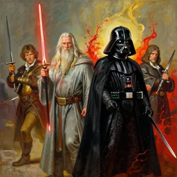 gandalf vs darth vader splash art, painting by gaston bussiere, craig mullins, j. c. leyendecker, wotjek fus
