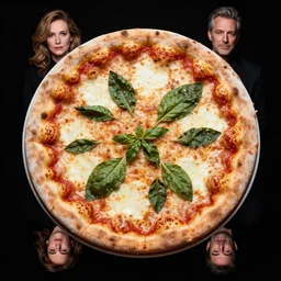 studio portrait of a pizza margherita, soft lighting, sharp focus, highly symmetrical, black background, masterpiece, by annie leibovitz, caroline losse, mauro turatti, david lachapelle