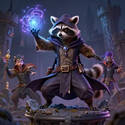 3 d model, highly detailed digital illustration portrait of hooded sorcerer sly cooper raccoon casting a magical glowing spell in a castle, action pose, d & d, magic the gathering, craig mullins, artgerm, moebius, dan mumford, octane, wlop, disney, pixar,