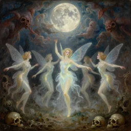 concept art of translucent glowing fairies dancing, lovecraftian, renaissance, melting, round moon, rich clouds, fighting the horrors of the unknown, very detailed, volumetric light, mist, fine art, decaying, textured oil over canvas, epic fantasy art, very colorful, ornate intricate scales, floor of skulls