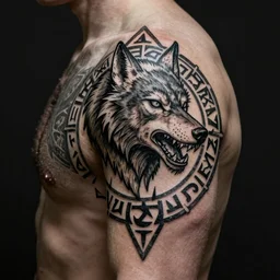 ancient slavic kolovrat wolf tattoo pattern, glagolitic glyph, artwork by ,James Jean, Noah Bradley, very coherent artwork, cinematic, hyper realism, high detail, octane render, unreal engine, 8k, High contrast, higly detailed black ink outline