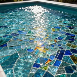 professional photograph of a pool made of broken stained glass, sparkling, light reflecting, colorful, high definition, hd, high quality, highly detailed, award - winning