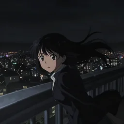 anime frames, anime visual, dark portrait of a young female sightseeing above the city at night, guardrails, very low light, cute face by ilya kuvshinov and, psycho pass, kyoani, dynamic pose, dynamic perspective, strong silhouette, anime cels, rounded eyes, yoshinari yoh, dark tint