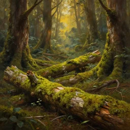 fantasy forest, detailed painting, warm volumetric lighting, mossy logs