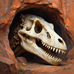a beautiful matte painting of a ungle cave entrance in the shape of a dinosaur skull, by Christophe Vacher and Bastien Lecouffe-Deharme, trending on artstation, vivid color scheme,highly detailed,v-ray render,photorealistic,4k render