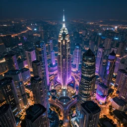drone view colorful photograph of a futuristic city, science fiction, night lights, beautifully lit buildings, mystic hues, distant, sharp focus, volumetric lights, digital art, RTX, hyperrealistic, cinematic, by lee madgwick