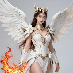 flaming dragon wearing white dove wings, warframe armor, regal, attractive, ornate, sultry, sexy, beautiful, elize theron, pretty face, green eyes, scifi platform, 4 k, ultra realistic, epic lighting, illuminated, cinematic, black gold, art by akihito tsukushi, voidstar