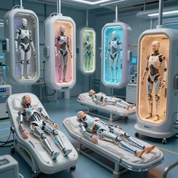 cybernetic healing pods, diverse healing pods, humans in healing pods, from the side, floating bodies, wide wide angle, vivid, elaborate, highly detailed, beautiful lighting