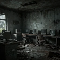 An abandoned room with old computers. This place is really scary. Unreal engine octane render hyper realistic