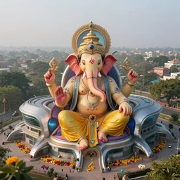 beautiful futuristic new delhi, sharp sci - fi ganesha!! building, kalighat flowers, highly detailed cinematic, stephen shore & john j. park, soft morning light, wide shot, high angle, uhd 8 k, shallow depth of field