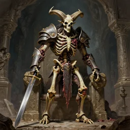 A spiked horned semiork-semihuman skeleton with armored joints stands in a large cavernous throne room with a broadsword in hand. Massive shoulderplates. Extremely high details, realistic, fantasy art, solo, masterpiece, bones, ripped flesh, saturated colors, art by Zdzisław Beksiński, Arthur Rackham, Wayne Barlowe, Gustave Dore, Dariusz Zawadzki