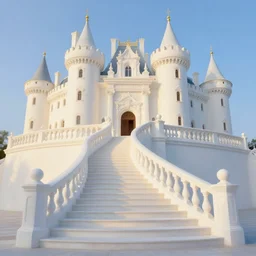 pure white classical staircase and castle, blue sky, soft light, painted by james gurney, greg rutkowski, by craig mullins, frederic leighton, very romantic, beautiful textures, golden hour lighting