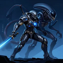 a highly detailed vector render of a protoss zealot from starcraft, fighting a xenomorph from alien, science fiction, high contrast, blue and black color scheme, art by artgerm and greg rutkowski and alphonse mucha, volumetric lighting, octane render, 4 k resolution, trending on artstation, masterpiece