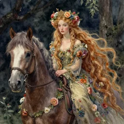 highly detailed watercolor, beautiful fairy queen on a horse, long hair, nostalgia for a fairytale, magic realism, flowerpunk, mysterious, by charles vess, anato finnstark, cinematic lighting, beautiful face by leyendecker