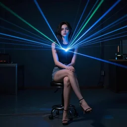 a beautiful girl sitting on a stool in a dark room with laser light,  cyberpunk, dynamic lighting by Paolo Eleuteri Serpieri