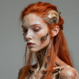 biopunk ethereal ginger cyborg portrait by julie bell, intricate biopunk patterns, detailed!, very sharp!!!