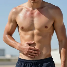 a buff shirtless male standing in the sun covered in sweat putting is hand on his lower stomach, render, blender render, unity render, 4 k wallpaper, art station trending, artstation 4 k coherent, coherent, 4 k, detailed, hyperdetailed, artifact - free, completely coherent, sharp, madison beer