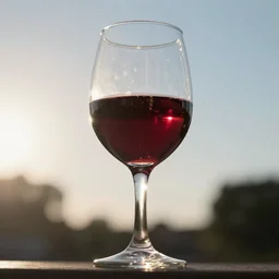 hyper - realistic image of a half full glass of red wine as seen from below illuminated by the sun