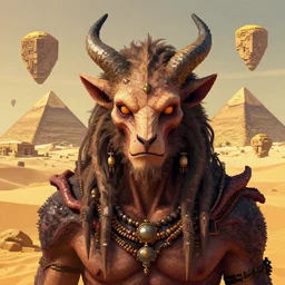 full - face close - up portrait, the primal god of the wild who slowly turns his worshipers into twisted animalistic monsters by bruce brenneise and peter mohrbacher, pyramids floating in the sand dunes of an alien planet, alien ancient ruins in background, 3 d render, neosurrealism. digital concept art, pixel art, rendered in octane, trending on cgsociety, trending on artstation