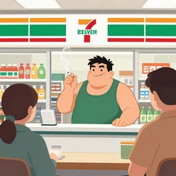 a comical drawing of a seven eleven convenience store with an obese shop owner in a tank top smoking a cigarette behind the counter, from the perspective of a customer in the store, anime style drawing, trending on artstation