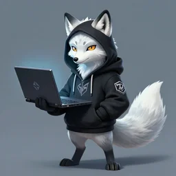 a league of legends concept art of an anthropomorphic arctic fox in a black hoodie holding a portable computer, front view, hoodie with a hacker emblem, artstation, digital art, oc commission, style by jordan grimmer and greg rutkowski, 4 k resolution