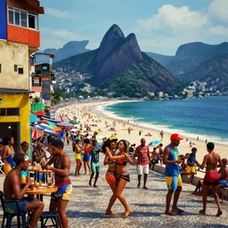favelas in rio, music dancing, locals, nightlife, hustlers and street - walkers, beach ocean fun octane render unreal 5, by piet mondrian